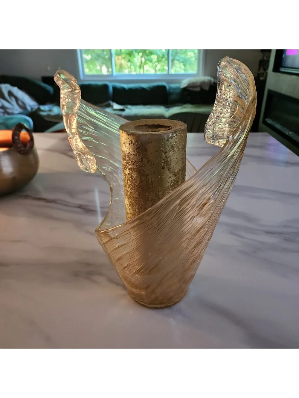Murano Style Hand Blown Gold Art Glass Wave Vase Amber Freeform Italian 16